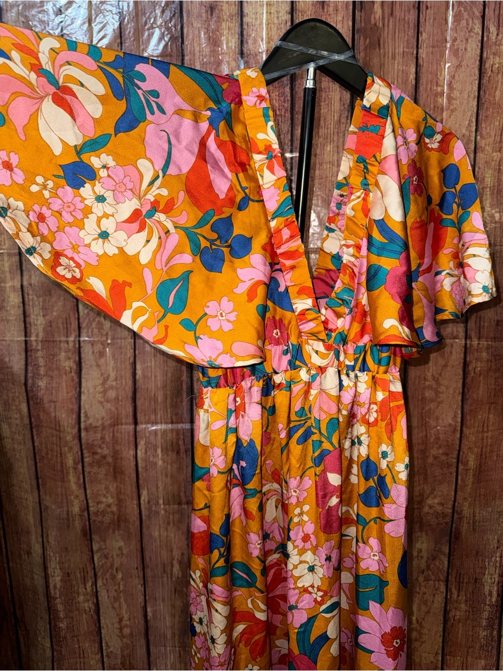 Floral Maxi Dress with Ruffle V-Neck - Mustard Pink Multi - Picture 3 of 5